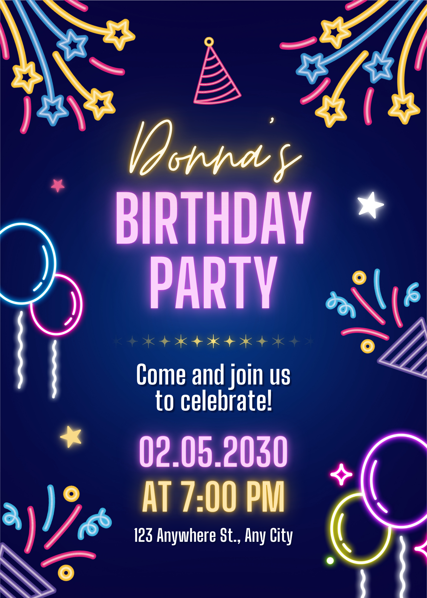 Neon Birthday Invitations- Digital and Printable Download